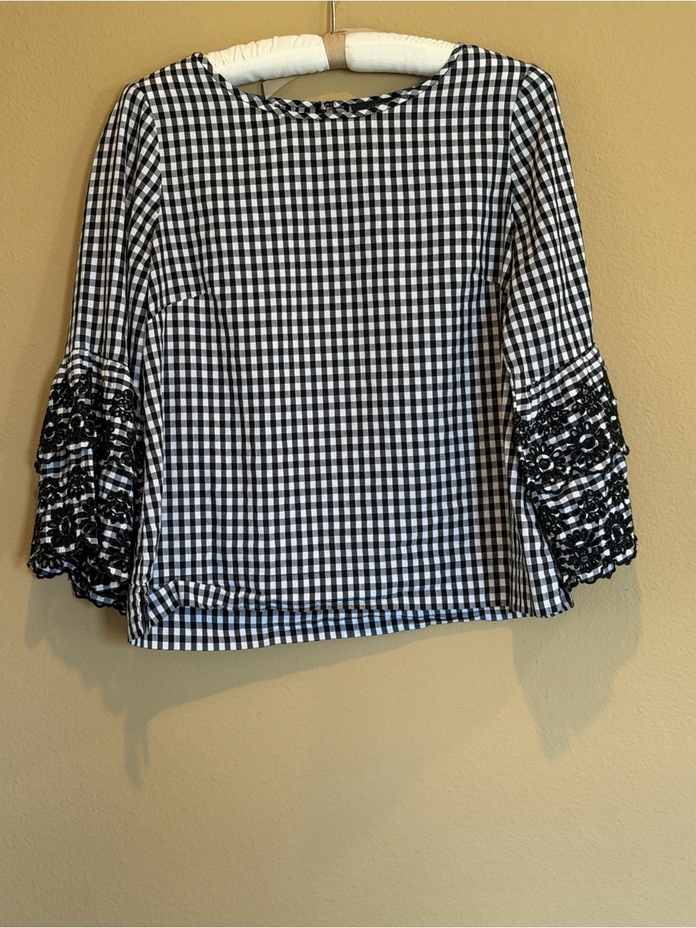 J. Crew Black and White Gingham Bell-Sleeve Blouse with Embroidered Cuffs
